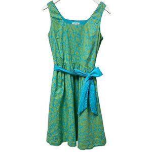 GARNET HILL Cotton Dress Size 8 Green Blue Boho Preppy Print Sleeveless Sash Tie